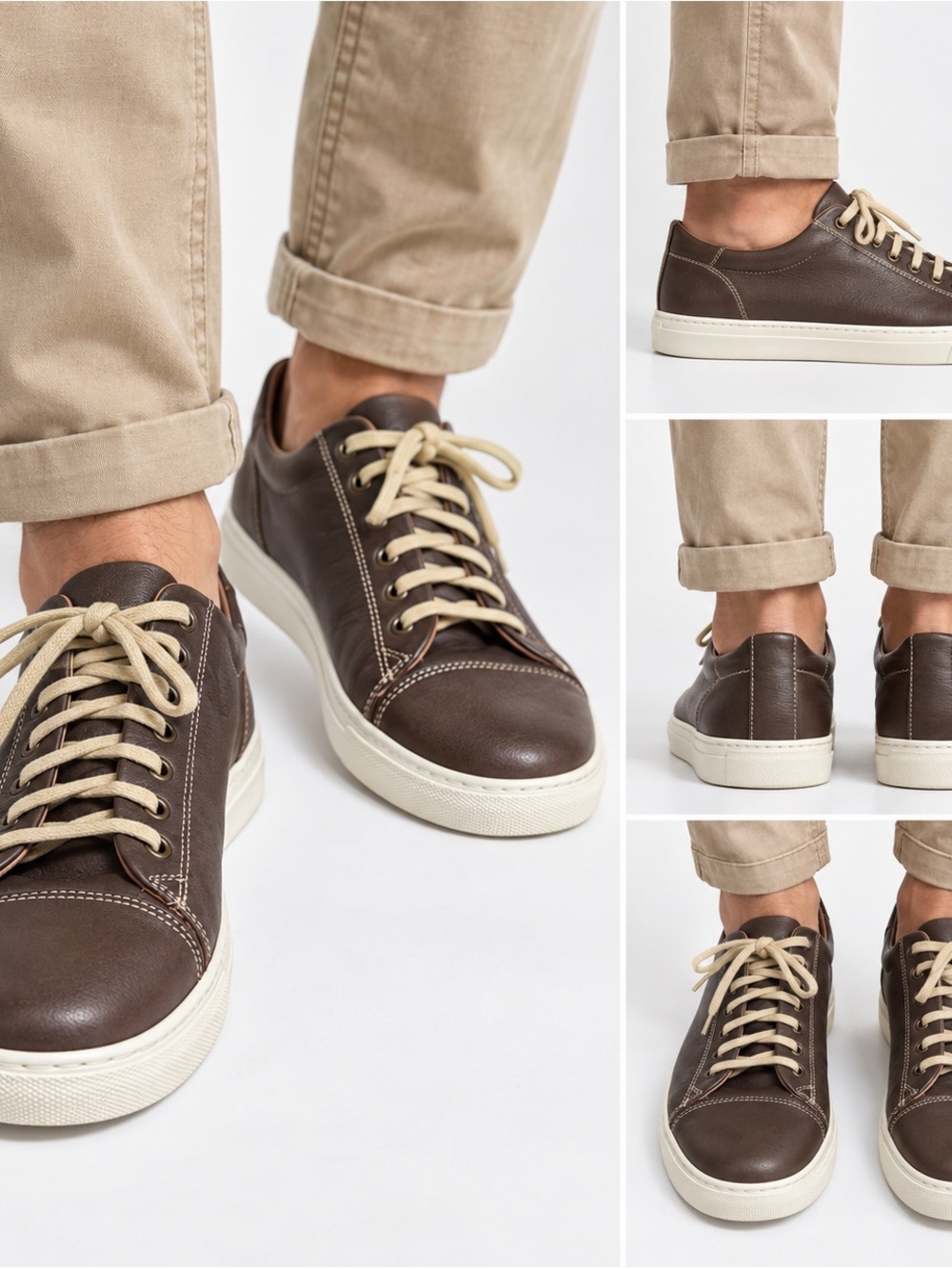 Russell Athletic Brown Leather Low-Top Sneakers with Cream Laces made in Italy